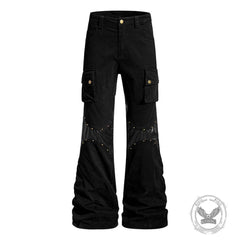 Street-Style Punk Leather Patchwork Flared Pants