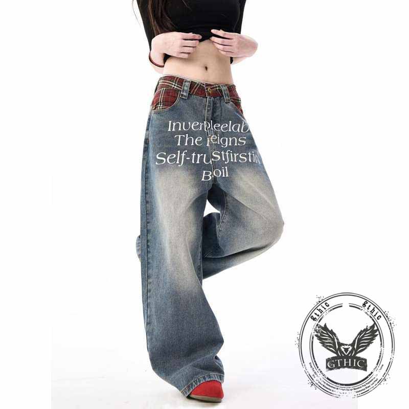 Street Letter Print Plaid Design Straight-Leg Jeans