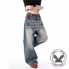 Street Letter Print Plaid Design Straight-Leg Jeans