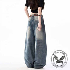 Street Letter Print Plaid Design Straight-Leg Jeans
