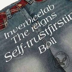Street Letter Print Plaid Design Straight-Leg Jeans