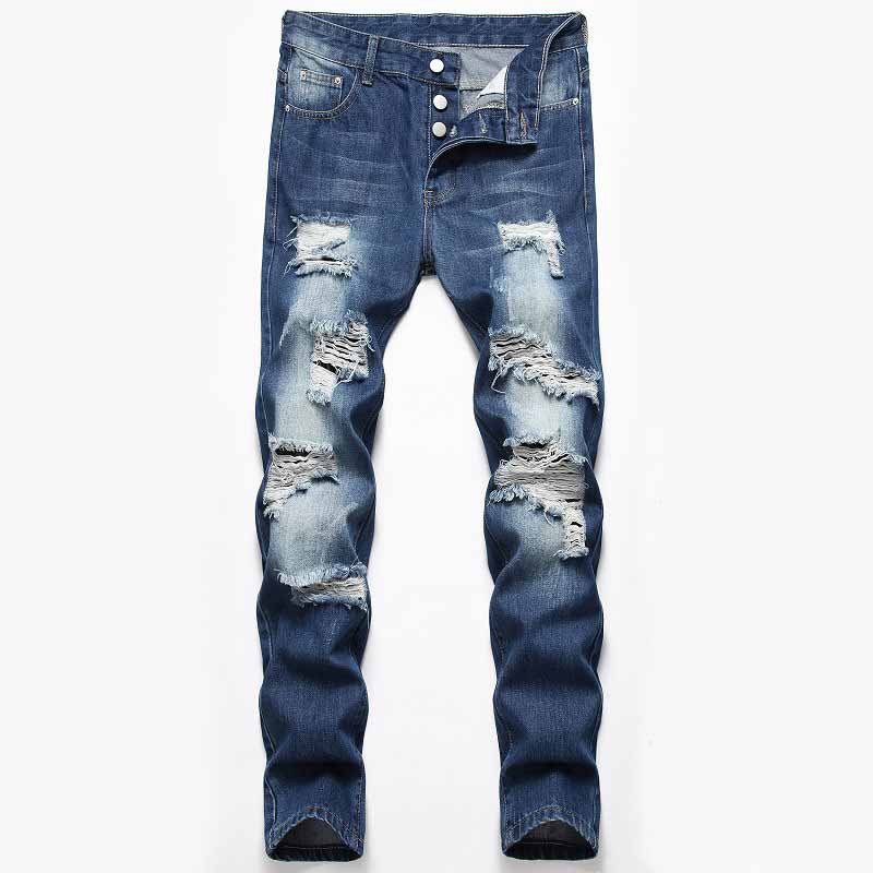 Street Retro Blue Button Ripped Straight Jeans