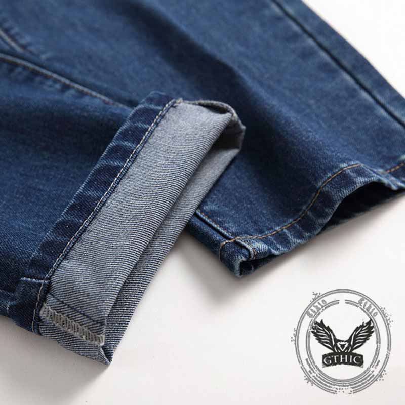 Street Retro Blue Button Ripped Straight Jeans