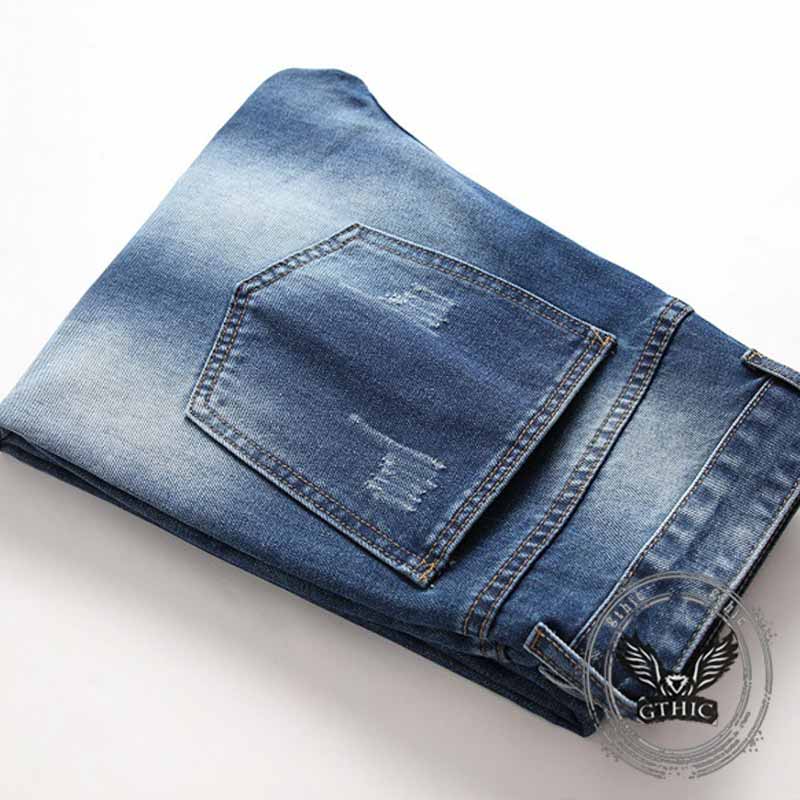 Street Retro Blue Button Ripped Straight Jeans