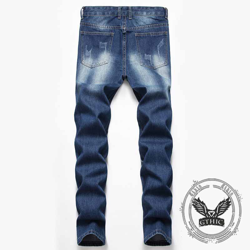 Street Retro Blue Button Ripped Straight Jeans