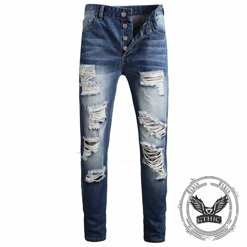 Street Retro Blue Button Ripped Straight Jeans