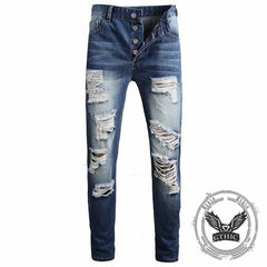 Street Retro Blue Button Ripped Straight Jeans