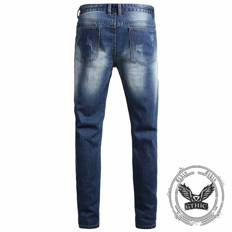 Street Retro Blue Button Ripped Straight Jeans