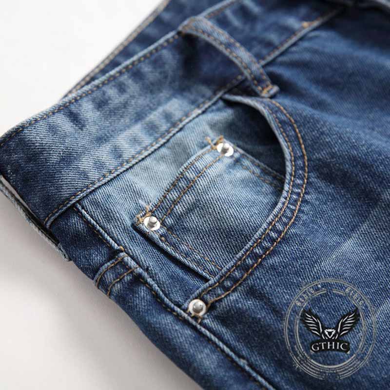 Street Retro Blue Button Ripped Straight Jeans