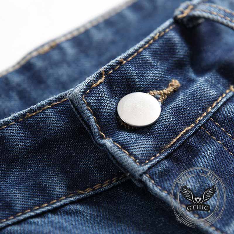 Street Retro Blue Button Ripped Straight Jeans