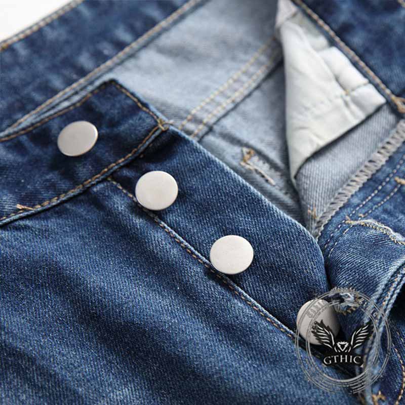 Street Retro Blue Button Ripped Straight Jeans