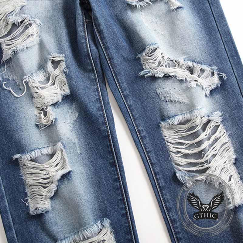 Street Retro Blue Button Ripped Straight Jeans