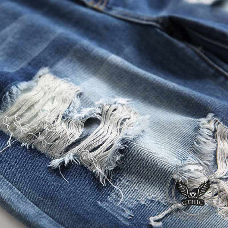 Street Retro Blue Button Ripped Straight Jeans