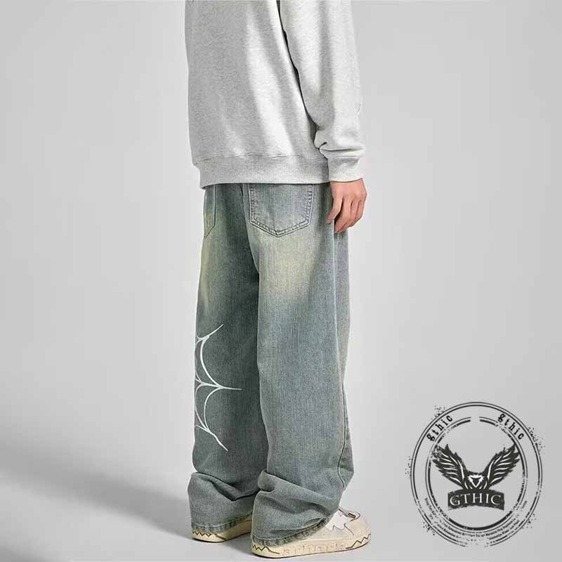 Street Style Spider Web Print Wide-Leg Baggy Jeans