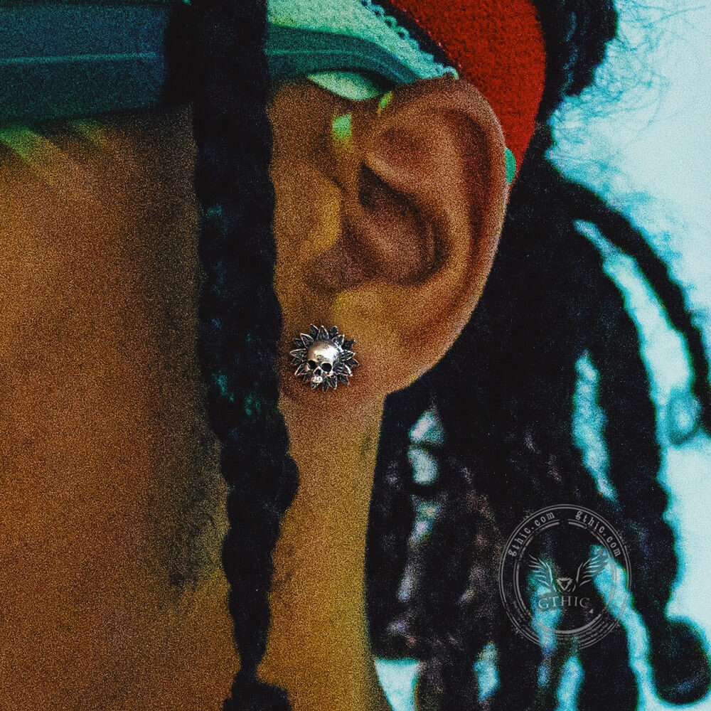 Sunflower Skull Sterling Silver Stud Earrings