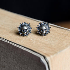 Sunflower Skull Sterling Silver Stud Earrings