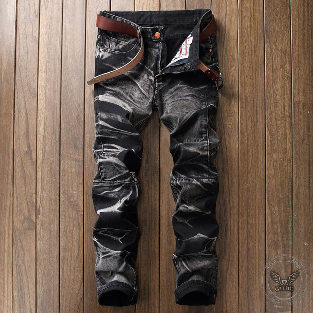 Vintage Distressed Biker Pleated Straight Jeans