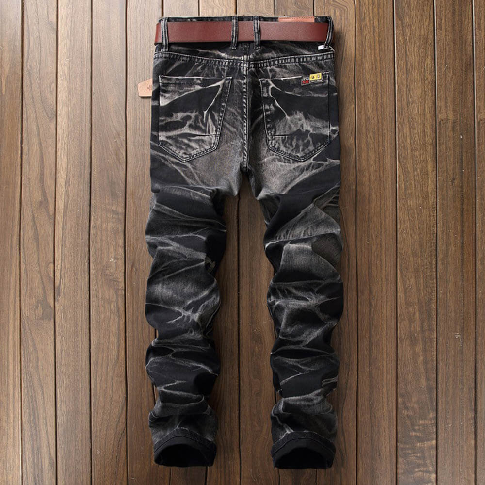Vintage Distressed Biker Pleated Straight Jeans