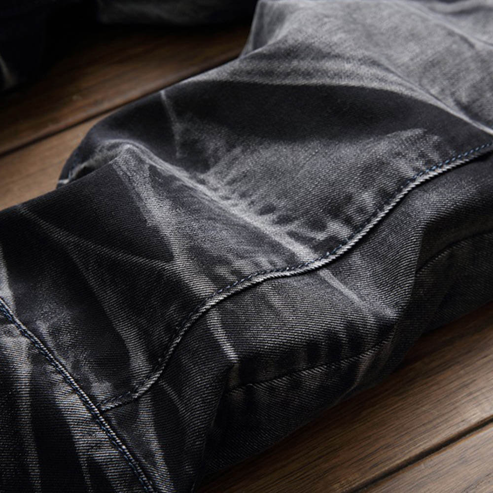 Vintage Distressed Biker Pleated Straight Jeans