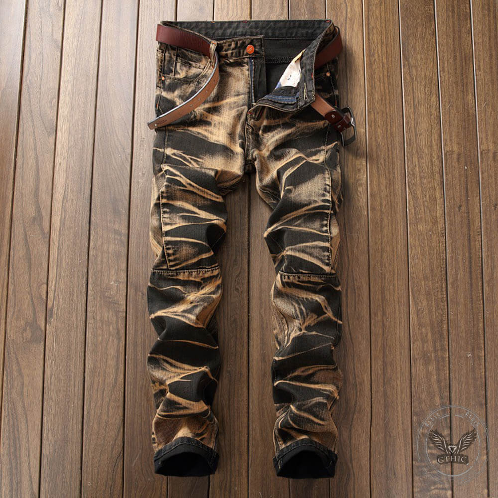 Vintage Distressed Biker Pleated Straight Jeans