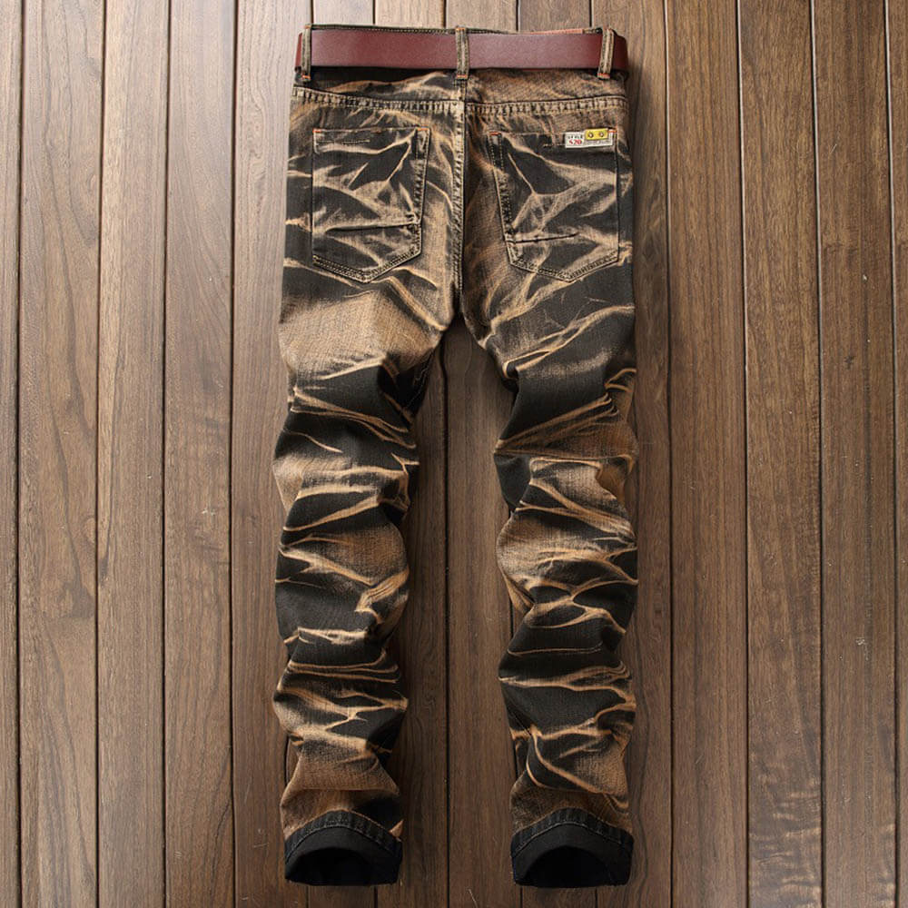 Vintage Distressed Biker Pleated Straight Jeans
