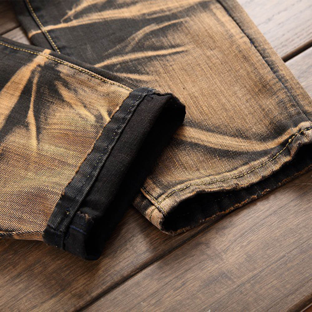 Vintage Distressed Biker Pleated Straight Jeans