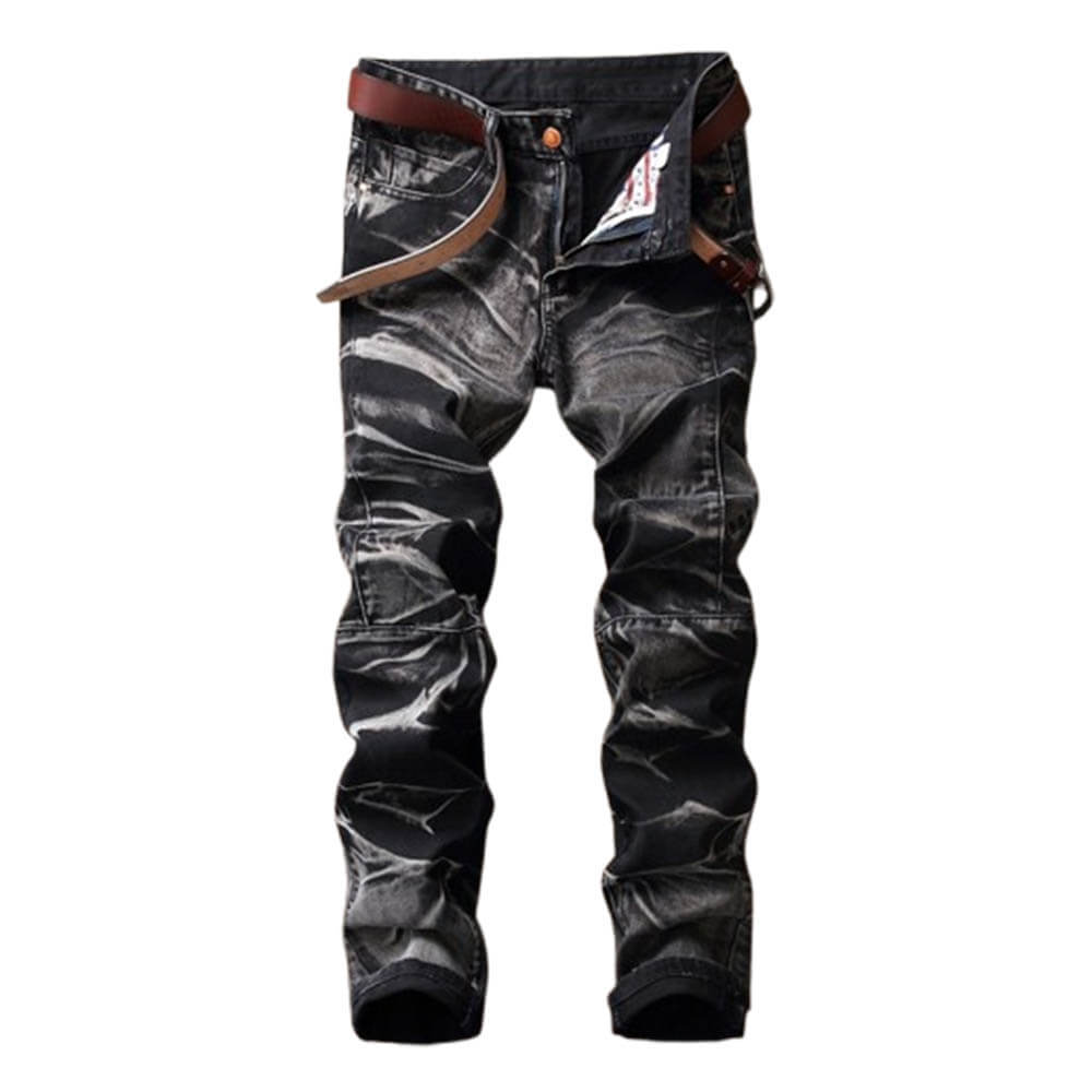 Vintage Distressed Biker Pleated Straight Jeans