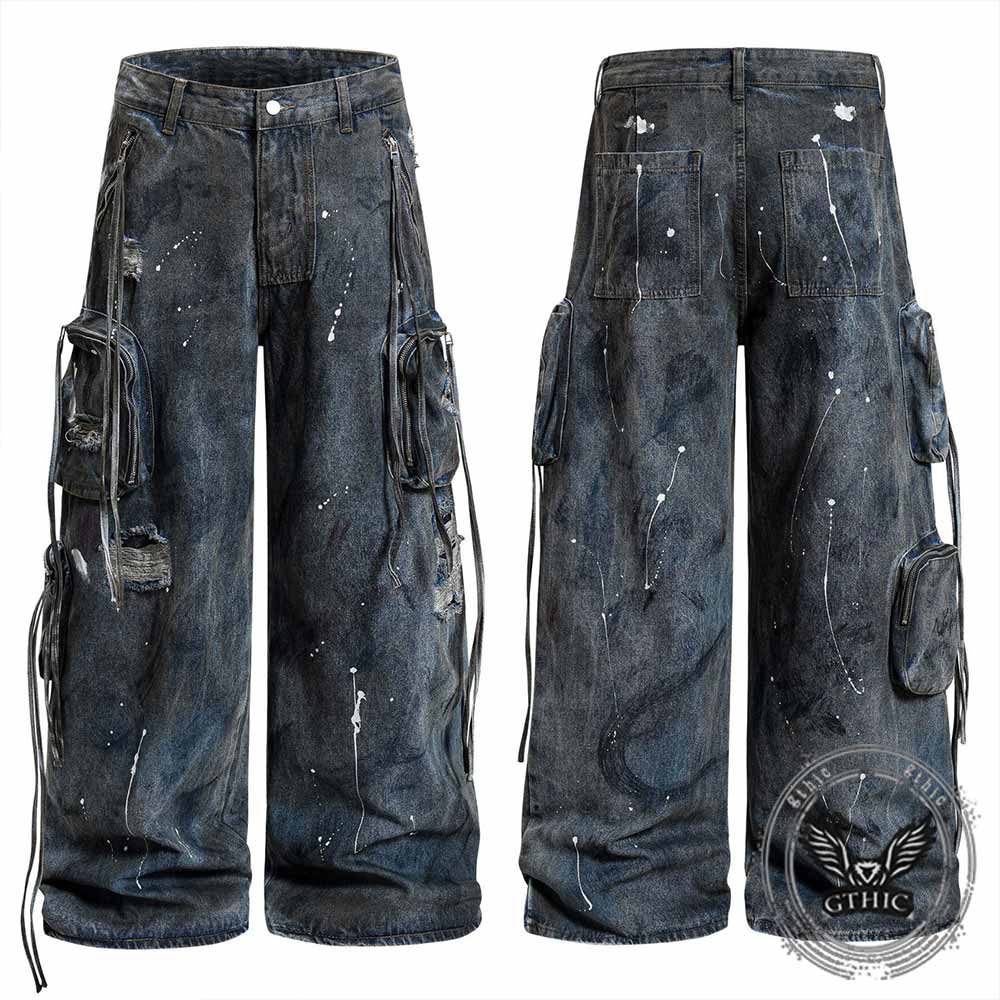 Vintage Distressed Dirty Multi-Pocket Baggy Jeans