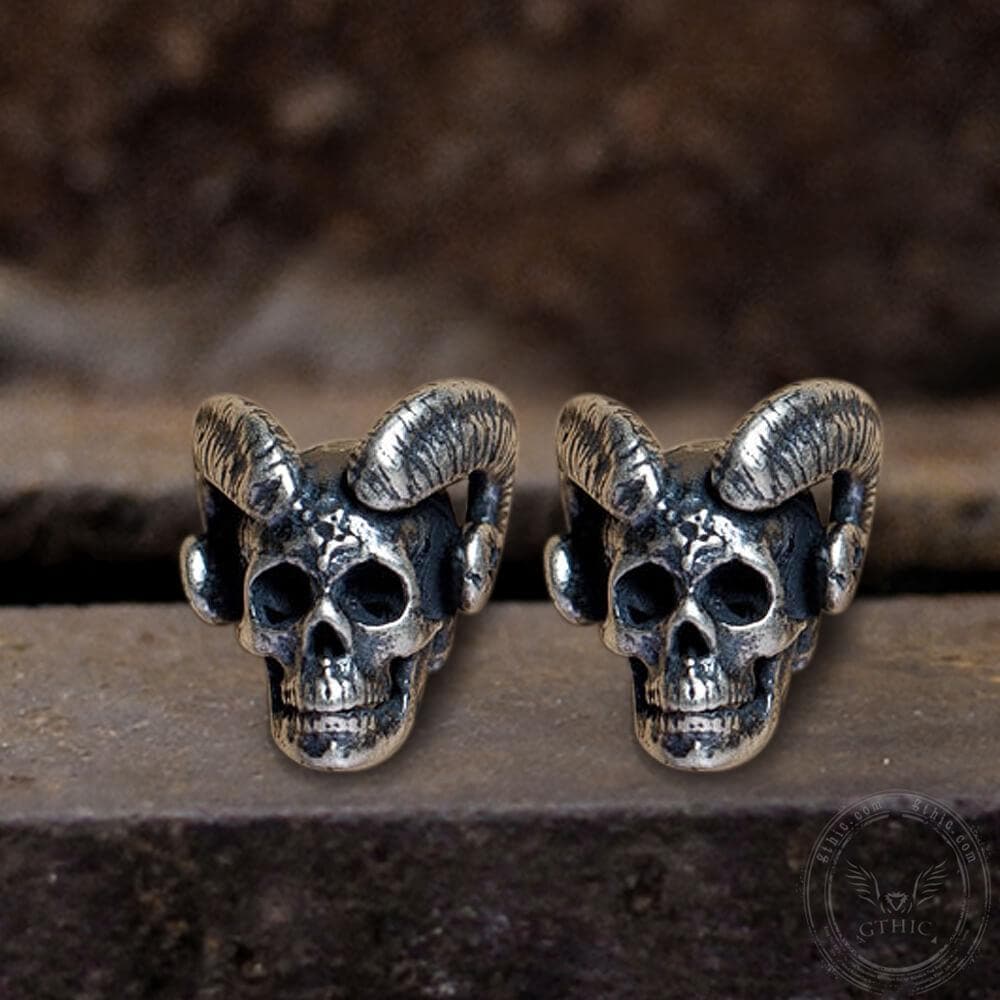 Vintage Goat Head Skull Sterling Silver Stud Earrings