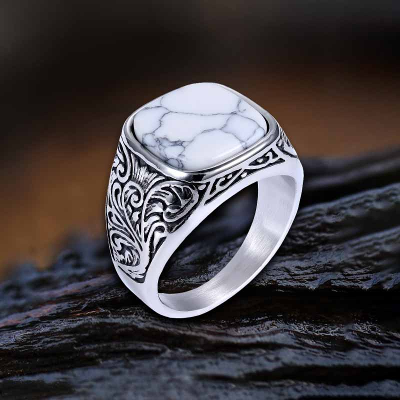 Vintage Pattern Square Turquoise Stainless Steel Ring