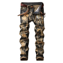 Vintage Ripped Tiger Head Embroidered Straight Jeans