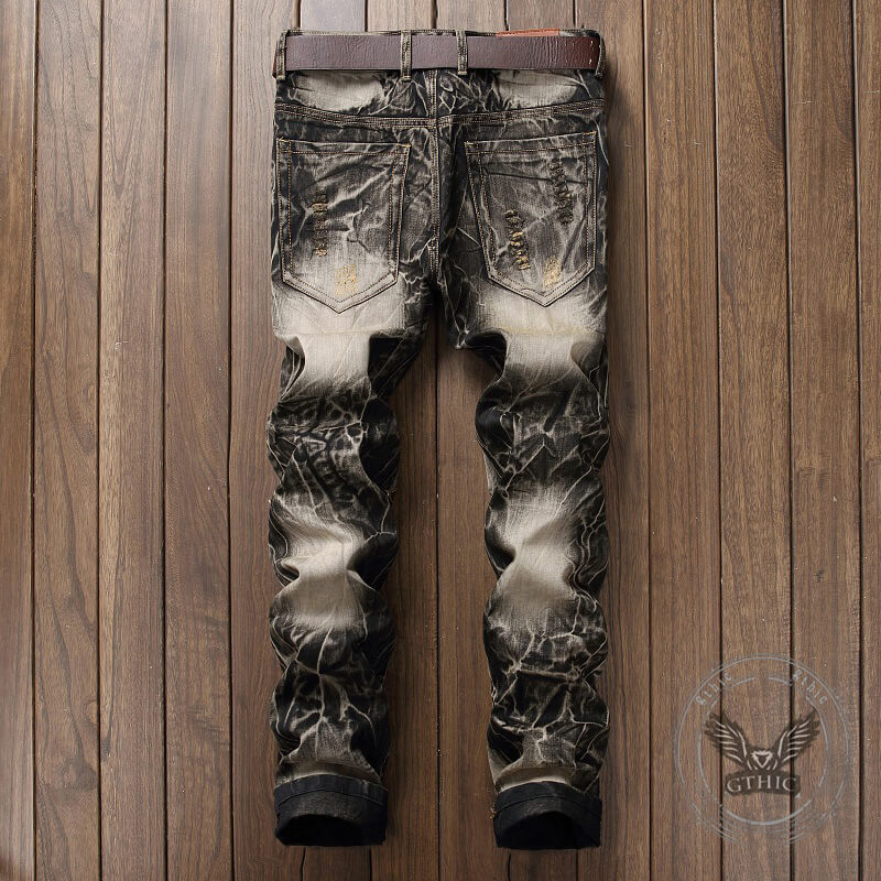 Vintage Street Wings Embroidery Ripped Straight Jeans