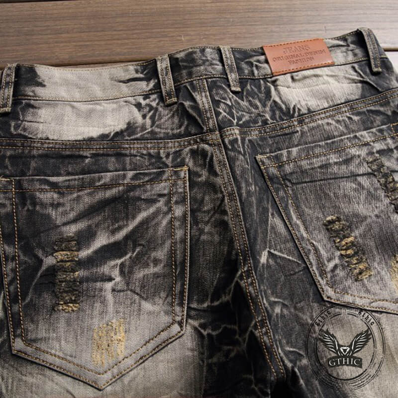 Vintage Street Wings Embroidery Ripped Straight Jeans