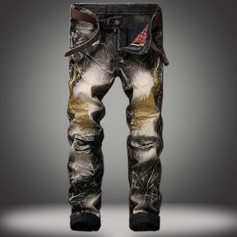 Vintage Street Wings Embroidery Ripped Straight Jeans