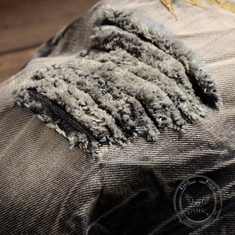 Vintage Street Wings Embroidery Ripped Straight Jeans