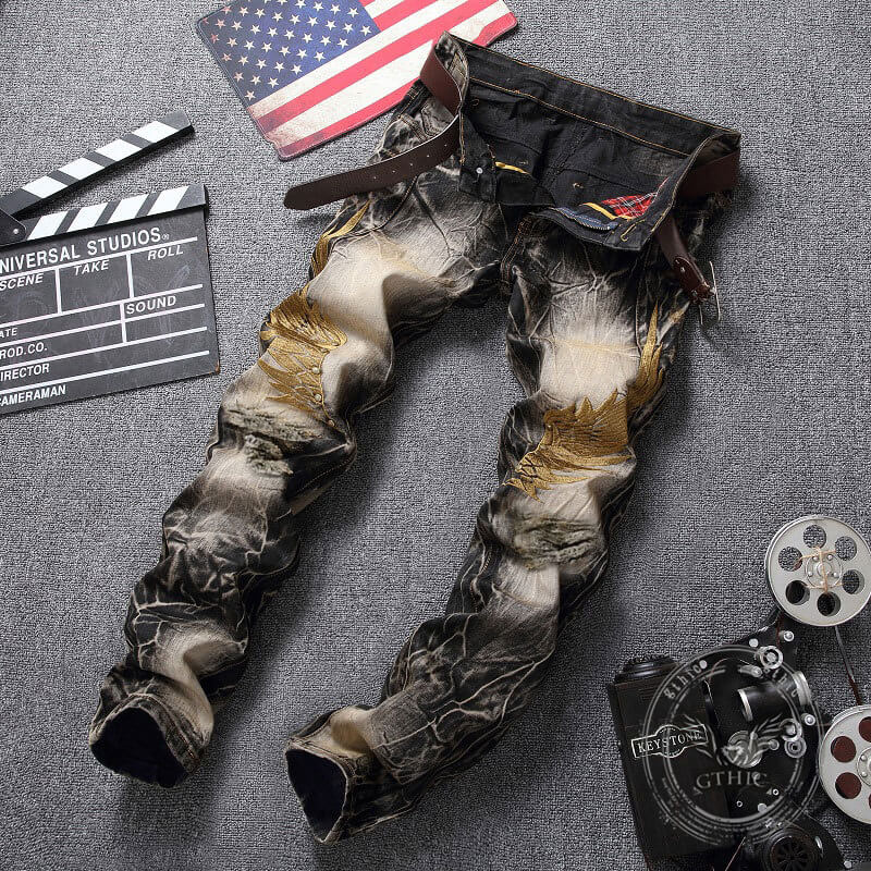 Vintage Street Wings Embroidery Ripped Straight Jeans