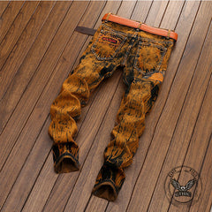 Vintage Tie-Dye Distressed Biker Straight Jeans