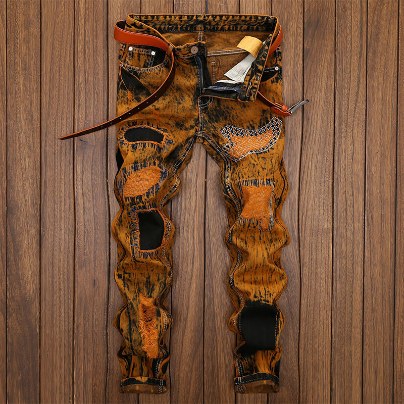 Vintage Tie-Dye Distressed Biker Straight Jeans