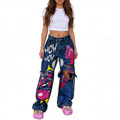 Vintage Washed Y2K Lips Phone Print Ripped Jeans