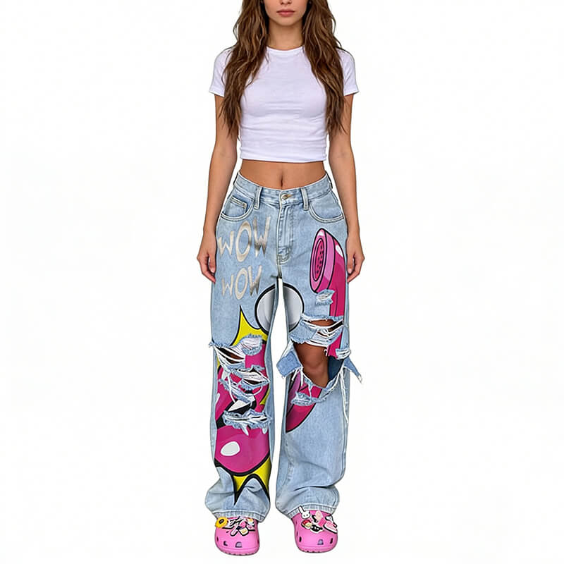 Vintage Washed Y2K Lips Phone Print Ripped Jeans