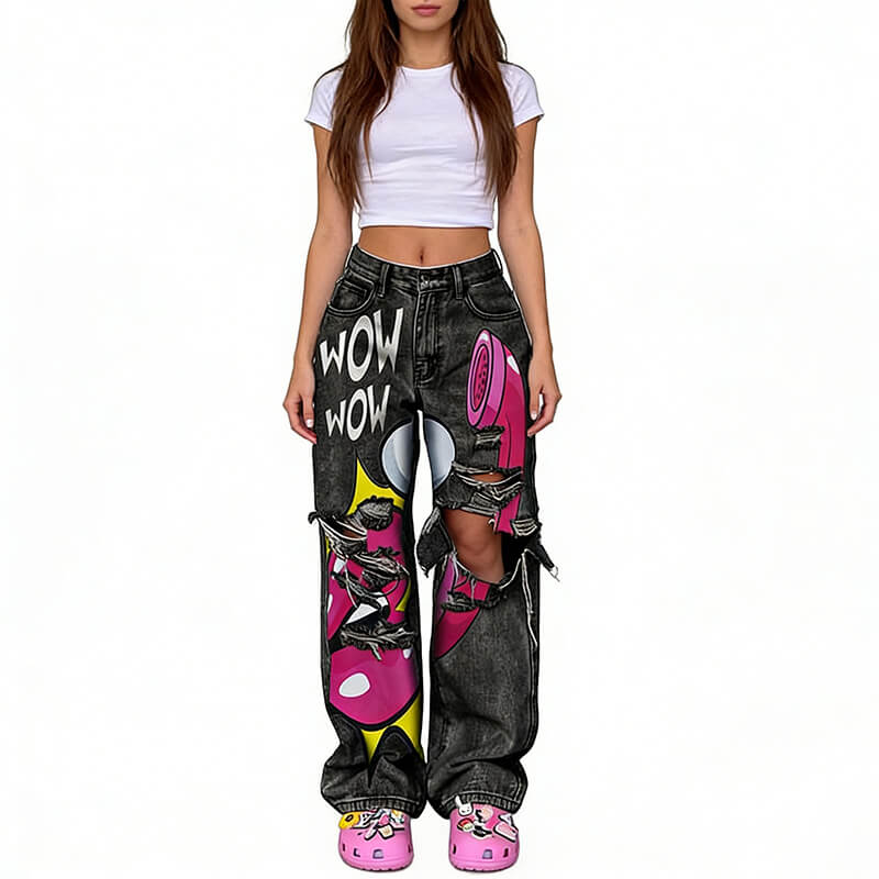 Vintage Washed Y2K Lips Phone Print Ripped Jeans