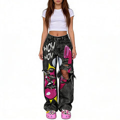 Vintage Washed Y2K Lips Phone Print Ripped Jeans