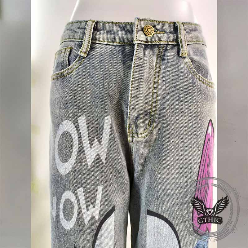Vintage Washed Y2K Lips Phone Print Ripped Jeans