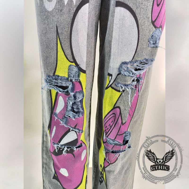 Vintage Washed Y2K Lips Phone Print Ripped Jeans