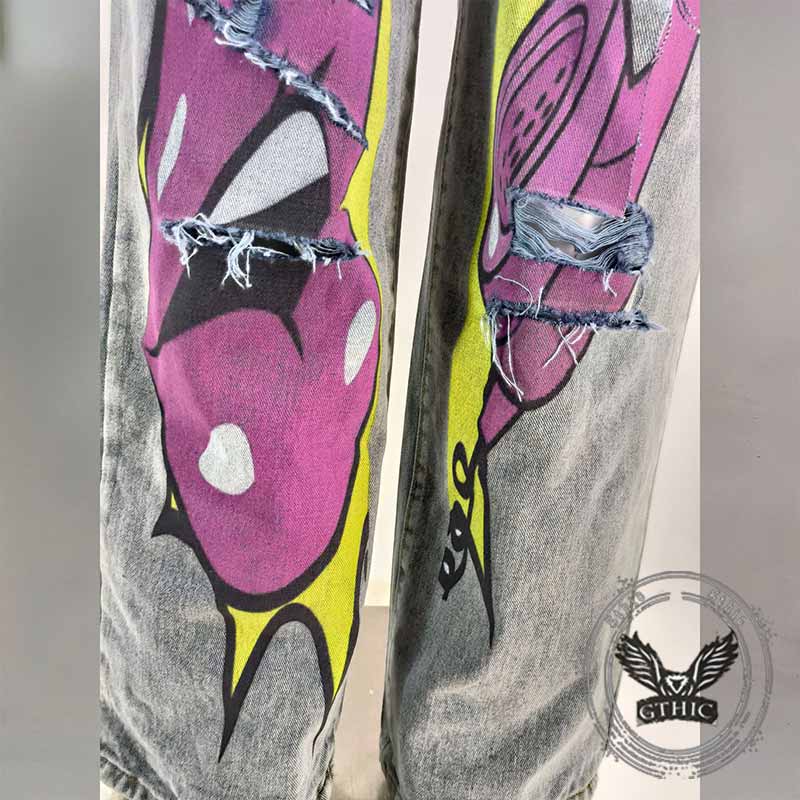Vintage Washed Y2K Lips Phone Print Ripped Jeans