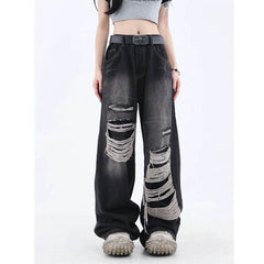 Washed Ripped Straight-leg Pants