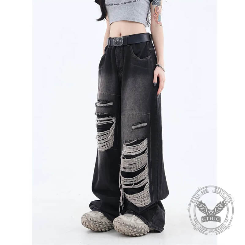 Washed Ripped Straight-leg Pants